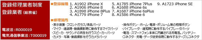 登録修理業者制度 登録業者「電波法:R000019/電気通信事業法:T000019」の登録機種や修理箇所の情報です。