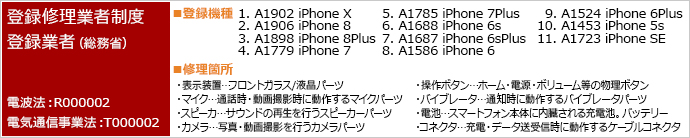 登録修理業者制度 登録業者「電波法：R000002／電気通信事業法：T000002」の登録機種や修理箇所の情報です。