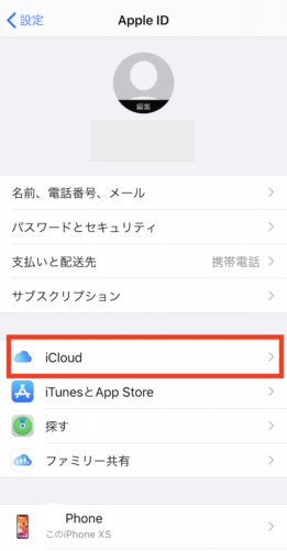 iCloudメニューを選択する画面