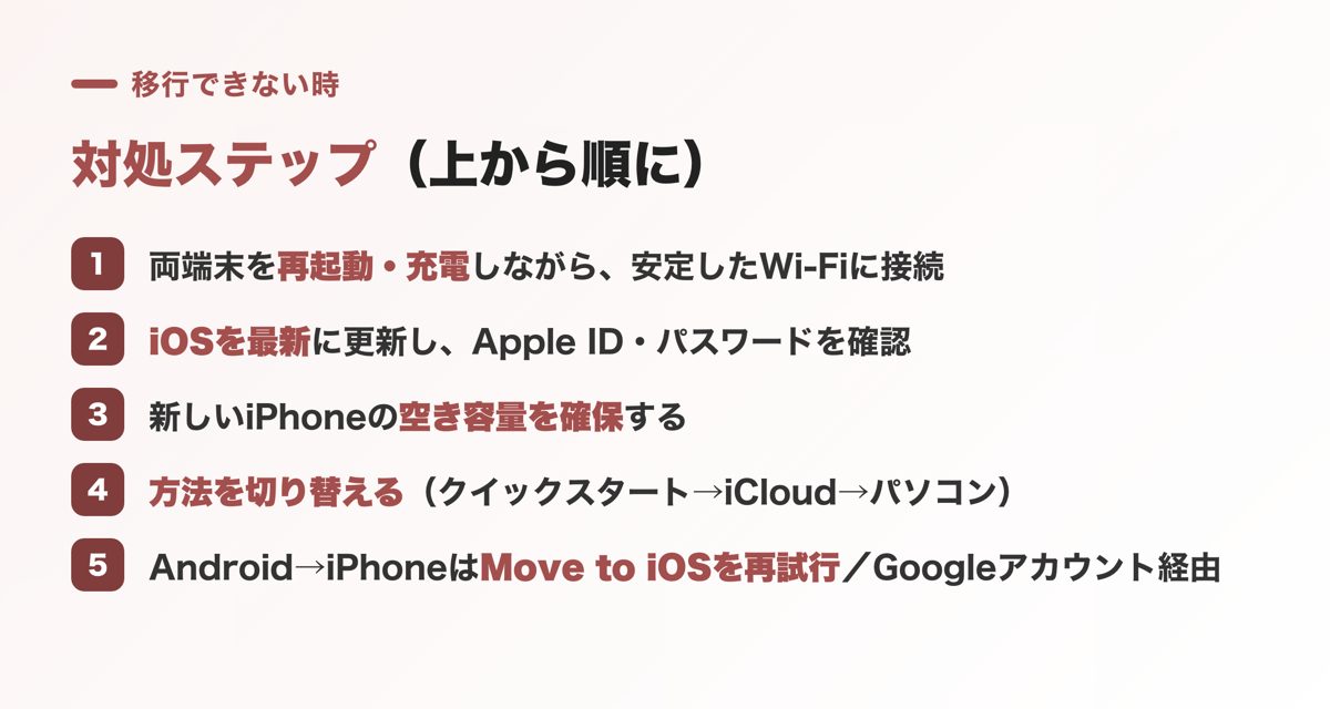 iPhoneのデータ移行ができない時の対処ステップ