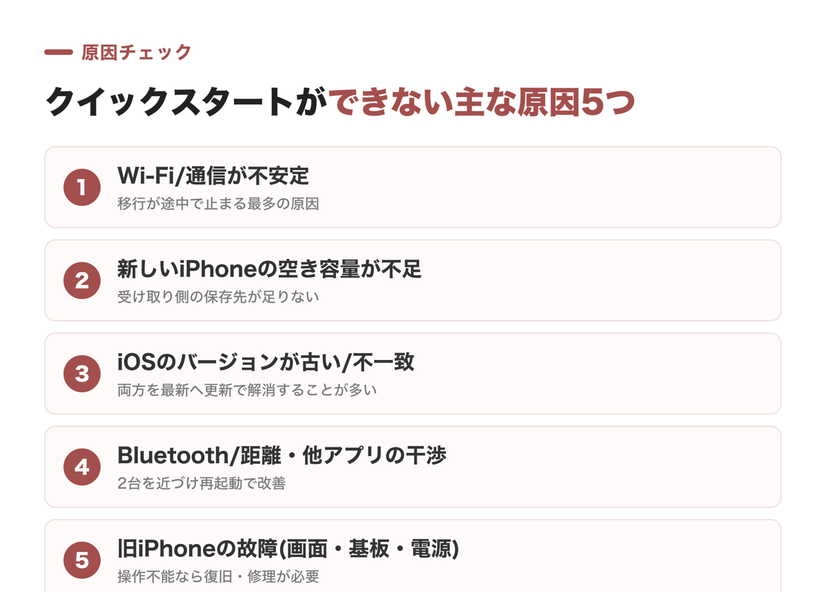 iPhoneのクイックスタートができない主な原因5つ（通信・空き容量・iOS・Bluetooth・旧端末の故障）
