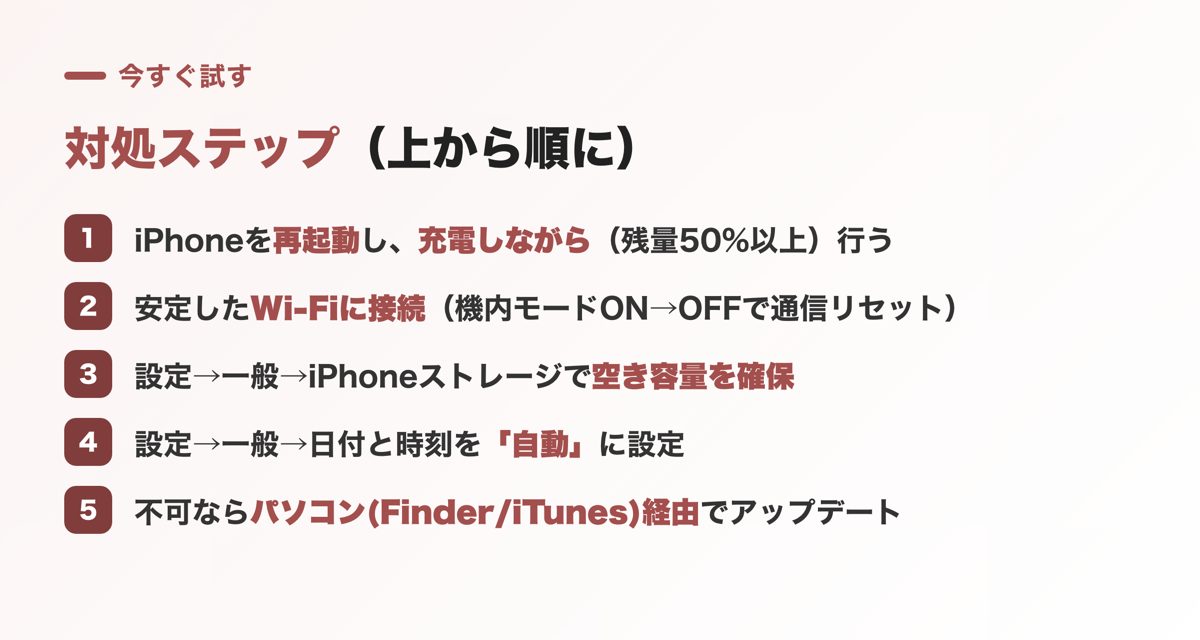 iPhoneのアップデートができない時の対処ステップ（再起動・Wi-Fi・空き容量・日付設定・PC経由）