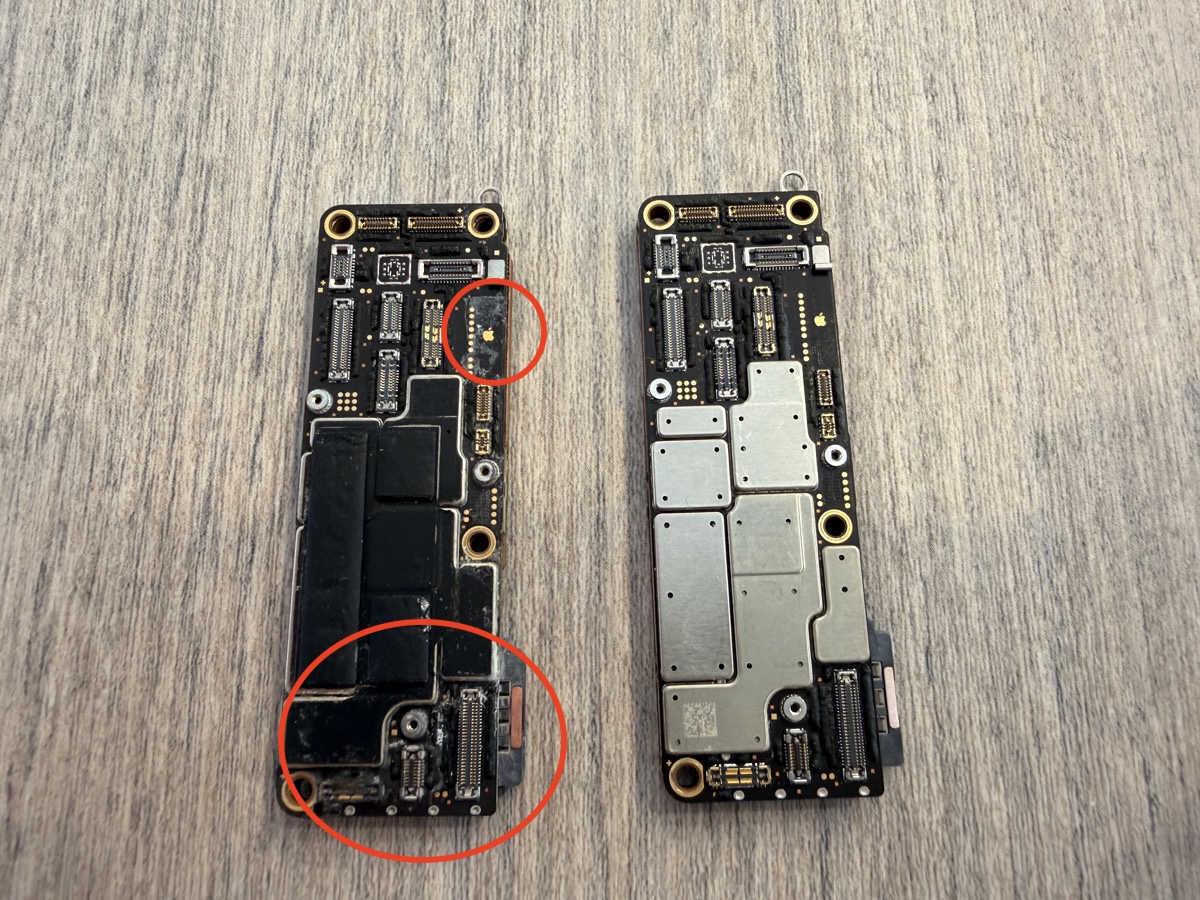 海水の塩分腐食で積層基板の内部回路までショートしたiPhone 16 Proの基板。赤丸は損傷したIC（データ復旧 後編）