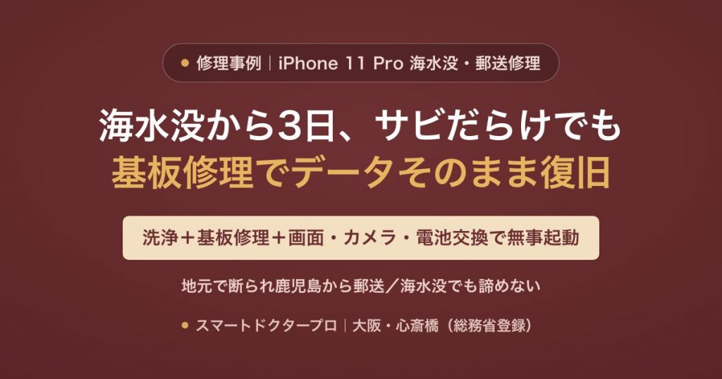 iPhone 11 Proを海水没(生け簀)から3日後に洗浄・基板修理・画面/アウトカメラ/バッテリー交換してデータそのまま復旧した修理事例｜スマートドクタープロ大阪心斎橋本店