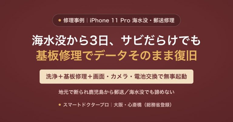 iPhone 11 Proを海水没(生け簀)から3日後に洗浄・基板修理・画面/アウトカメラ/バッテリー交換してデータそのまま復旧した修理事例｜スマートドクタープロ大阪心斎橋本店