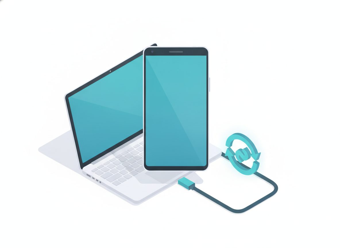 スマートフォンとノートパソコンをUSBケーブルで接続し、接続アイコンが光っている様子