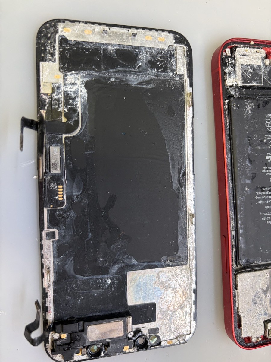 海水没したiPhone 12の内部。塩分が結晶化して全面に白く付着している
