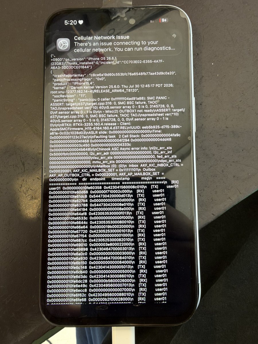 起動したiPhone 15の画面に表示されたパニックログ。SMC PANICやセンサー系のエラー、送受信の記録が並んでいる